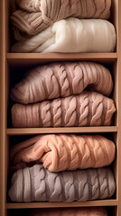 Fototapeta na wymiar Soft, knitted winter sweaters neatly folded in the closet