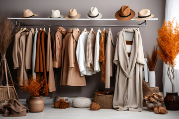 A seasonal wardrobe featuring coats and hats in  natural tones
