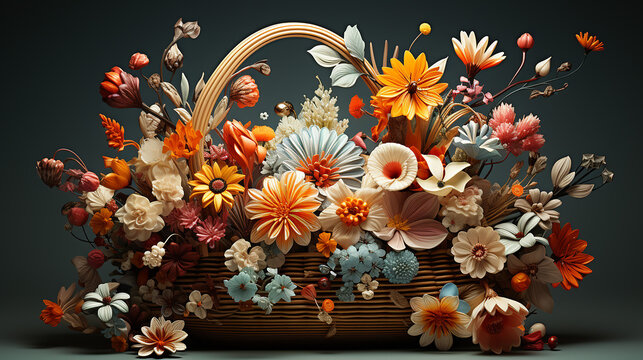 3d rendered photo of basket with full of flowers made with generative AI