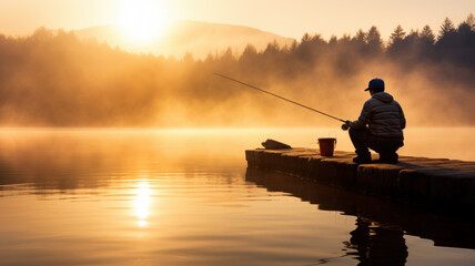 fisherman fishing on lake at misty sunrise