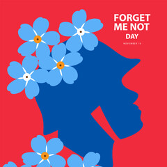 Forget Me Not Day on november 10, With concept a army silhouette and blue flower vector illustration and text isolated on abstract background for commemorate and celebrate Forget Me Not Day.
