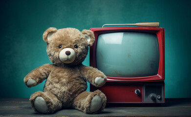 Teddy Bear toy watching retro old monochrome TV set receiver on table front textured concrete wall background. Television broadcasting concept. Generative AI.