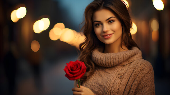 Feliz sorpresa Mujer latina con rosa roja sonriente conuna rosa roja en la mano y luces brillantes de fondo 