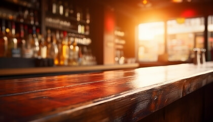 Fototapeta na wymiar Old wooden counter bar in american pub. Alcohol bar background.