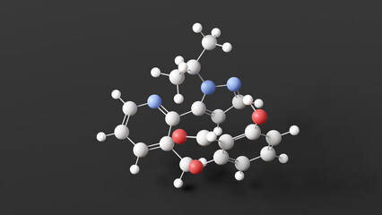 voxelotor molecular structure, oxbryta, ball and stick 3d model, structural chemical formula with colored atoms