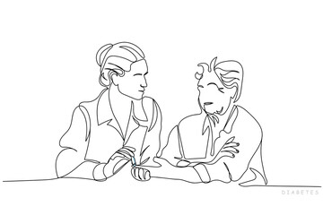 World diabetes day in November. line art of  persons using glucometer and keeping blood sugar levels in check. Needle used to take a drop of blood for diabetes testing. Medical concept.Glucometer use 