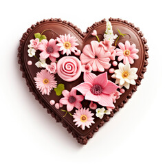 A heart shaped chocolate cake decorated with pink and white flowers.