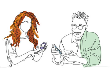 World diabetes day in November. line art of  persons using glucometer and keeping blood sugar levels in check. Needle used to take a drop of blood for diabetes testing. Medical concept.Glucometer use 