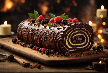 Yule Log Cake. A festive dessert made to resemble a yule log, sponge cake with chocolate. Christmas food. Festive dish