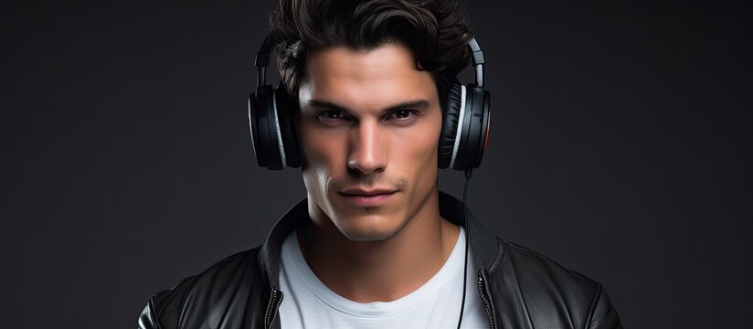 A young and attractive man is portrayed in a detailed and focused image while he enjoys music by wearing headphones
