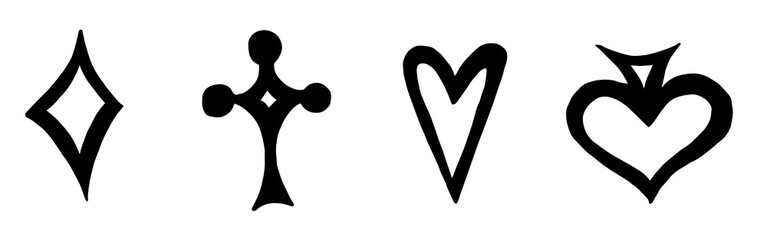 Suit of playing cards: diamonds, hearts, spades, clubs. Sketch.