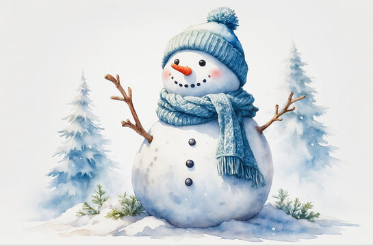 Charming Cartoon Snowman in Winter Wear on Frosty Background. Beautiful light watercolor card. Minimalist Design. Merry Christmas and Happy New Year. Generative AI