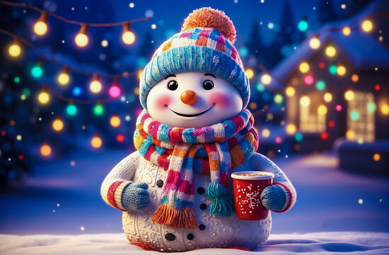cute, cuddly cartoon snowman, with big round eyes and a cheerful smile, holding a hot cocoa mug and wearing a cozy scarf, surrounded by a snowy landscape dotted with colorful holiday lights