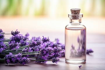 A bottle of lavender sitting next to a bunch of flowers.