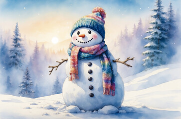 Obraz premium Cute Snowman in Knitted Hat and Scarf, Winter Wonderland. Merry Christmas and Happy New Year. Generative AI