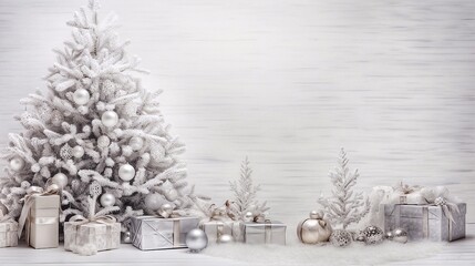 White christmas tree with gifts and decorations on white  background.