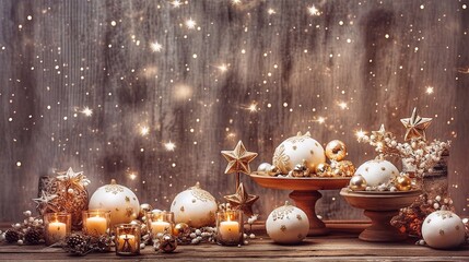 Christmas decoration with burning candles and golden baubles on wooden background