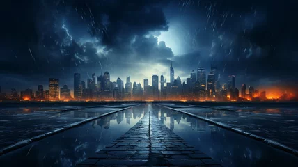 Abwaschbare Fototapete Gritty urban fantasy backdrop, dark foreboding cityscape. © Inspired