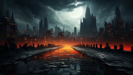 Fototapeta na wymiar Gritty urban fantasy backdrop, dark foreboding cityscape.