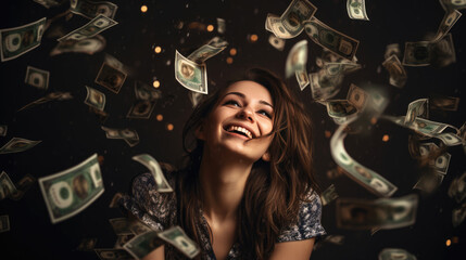 Attractive young woman stands under money fly rain.