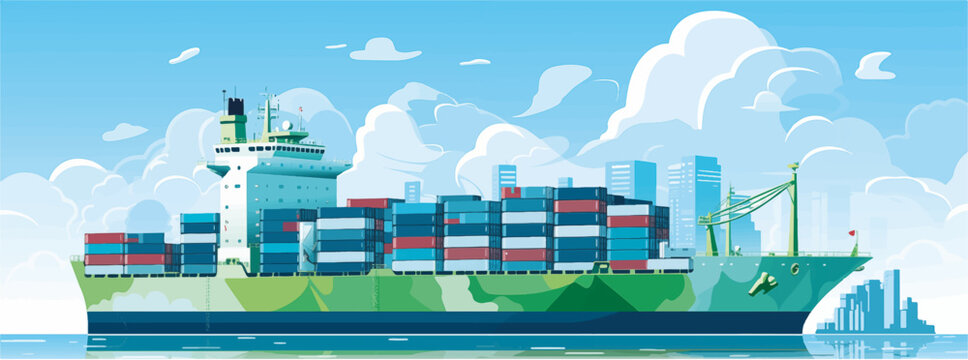green cargo ship with container, new energy, sustainability, esg