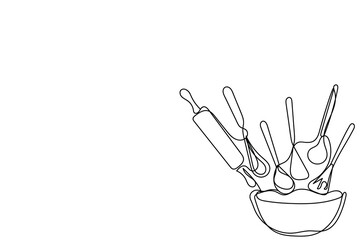 line art of Kitchen utensils and cutlery set. Spoon, Knife, Spatula, forks, plates, bowls, spices jars, saucepan and frying pan vector. Pastel color soft pictures background line art - obrazy, fototapety, plakaty