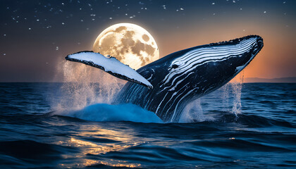 Balena su sfondo notturno con luna piena