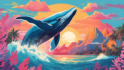balena su sfondo polinesiano in stile pop art - obrazy, fototapety, plakaty
