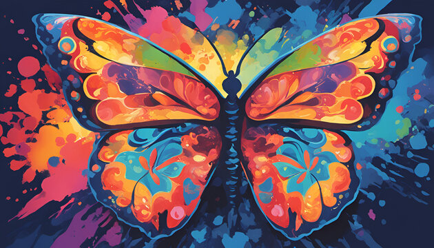 illustrazione di Farfalla psichedelica con pattern colorato esplosivo nelle tonalita dell'arcobaleno