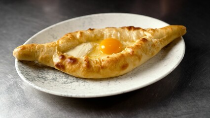 Khachapuri on a plate on the table close-up. A plate with delicious Adjarian khachapuri on a dark table background. Khachapuri is served on a plate. Food. Traditional khachapuri with cheese and egg.