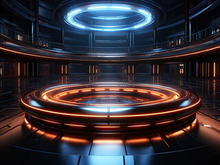 A dark, empty futuristic big hall room with lights and a circle-shaped neon light reflecting on the surface.