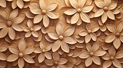 Generative AI, Carving natural wooden flowers, 3d pattern, brown and beige background