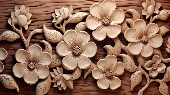 Generative AI, Carving natural wooden flowers, 3d pattern, brown and beige background