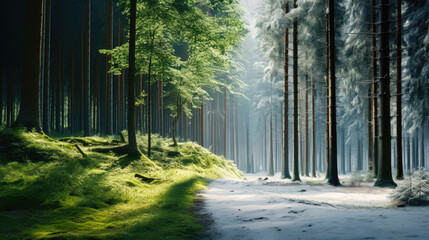 Dual Seasons in One Forest: Lush Warmth Meets Wintry Cold, Atmospheric Background - obrazy, fototapety, plakaty