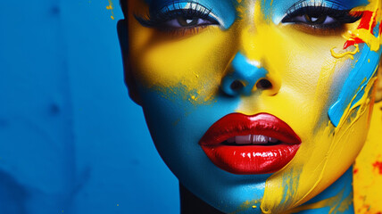 portrait of a beautiful female painted makeup with a colorful paint