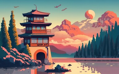 Japanese building on the Lake with mountain in the background