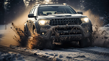 Fototapeta na wymiar Snow and Dirt: The Thrill of Winter Off road driving in snow and ice