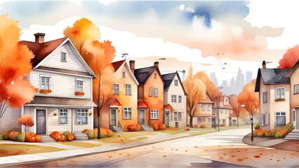 Autumn seasonal vector watercolor background, autumn street suburb district houses vector simple isolated illustration