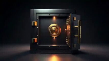 A realistic 3D-rendered illustration of a black bank safe with an open steel door, revealing a golden light emanating from inside. The perspective view showcases a metal rectangular box designed - obrazy, fototapety, plakaty