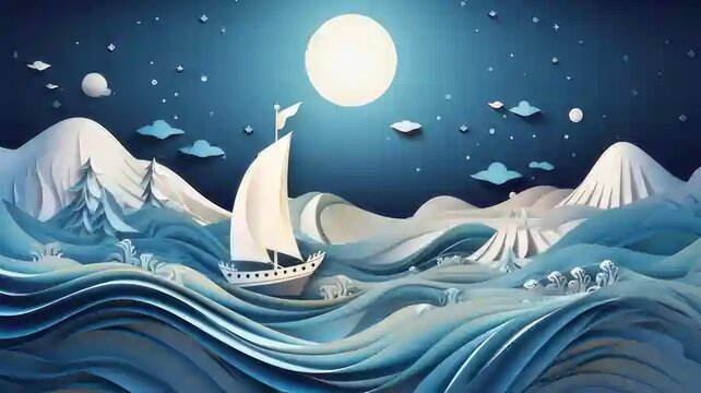 An illustration depicting the voyage of a paper sailboat navigating through the winding blue sea. This artwork is created in a paper art and digital craft style