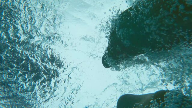 Experience the world beneath the rain-soaked surface. Crystal-clear waters reveal a young man doing a sideflip, captured in slow motion. Dark, cloudy skies frame the scene, with lush trees. 