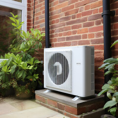 Air source heat pump installed in residential building. Sustainable and clean energy at home