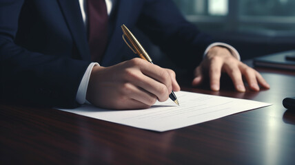 businessman signing contract in office, closeup of business concept.