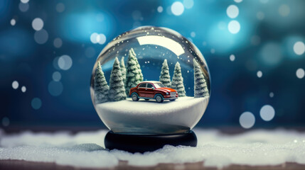 Fototapeta na wymiar Snow Globe - Christmas Magic Ball On Snowed Winter Background