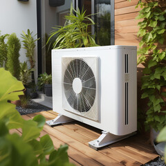 Air source heat pump installed in residential building. Sustainable and clean energy at home