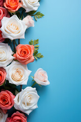 minimalist dark blue background with roses, top view with empty copy space