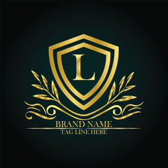 L luxury letter logo template in gold color. Elegant gold shield icon. Premium brand identity emblem. Royal coat of arms company label symbol. Modern vector Royal premium logo template vector