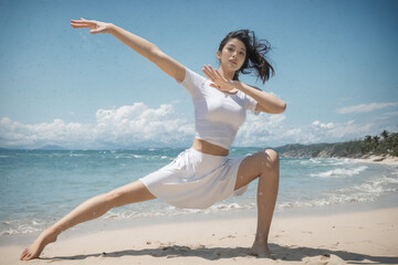 Fototapeta na wymiar Woman posing for a transform on the beach.