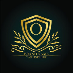O luxury letter logo template in gold color. Elegant gold shield icon. Premium brand identity emblem. Royal coat of arms company label symbol. Modern vector Royal premium logo template vector