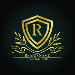 R luxury letter logo template in gold color. Elegant gold shield icon. Premium brand identity emblem. Royal coat of arms company label symbol. Modern vector Royal premium logo template vector